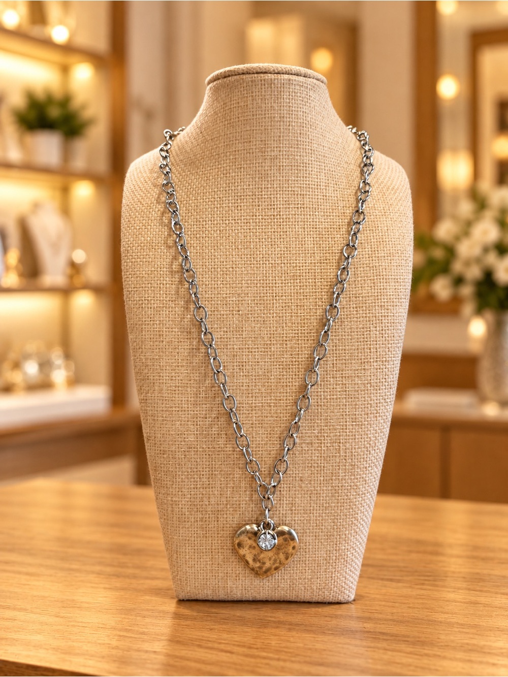 VB&CO Silver hammered heart with Swarovski crystal necklace